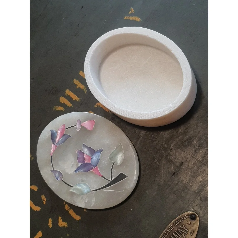 Vintage Oval Soapstone Trinket Box with Lid Made in India Floral Design 4